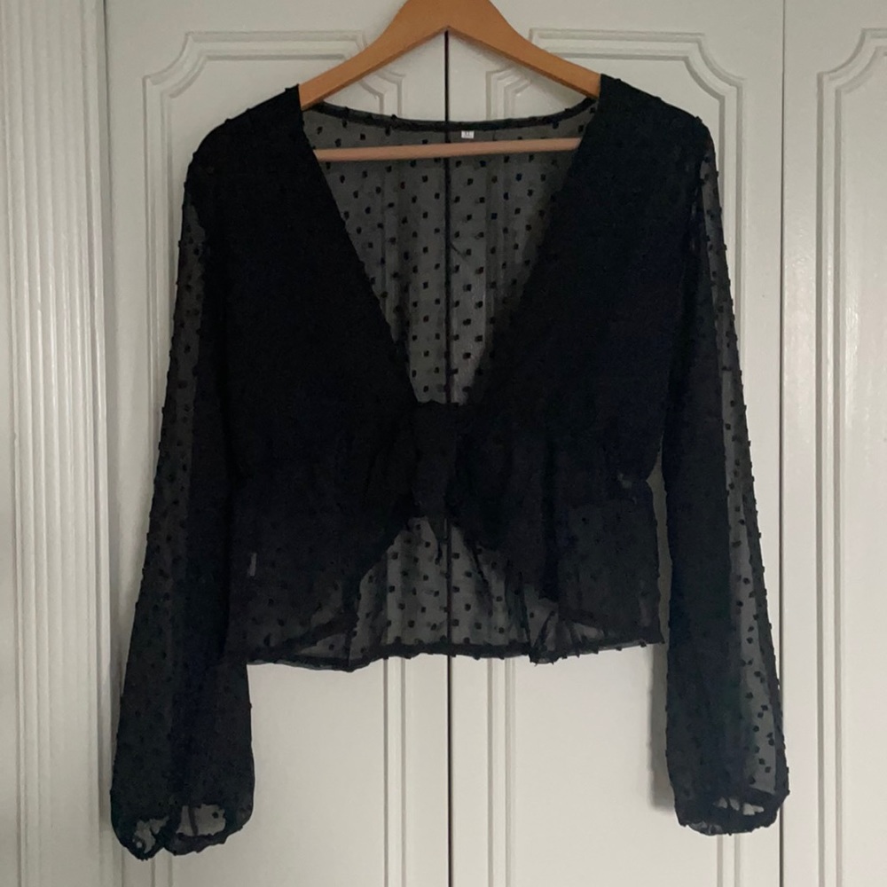 Black Tie Knot Crop Top Long Sleeve Ruffle Blouse